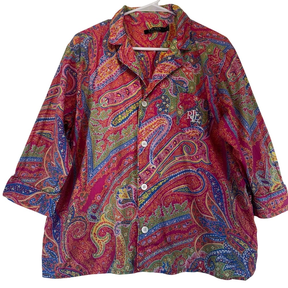Lauren Ralph Lauren Top Size XL Pink Blue Paisley Button Front‎ Cotton Shirt
